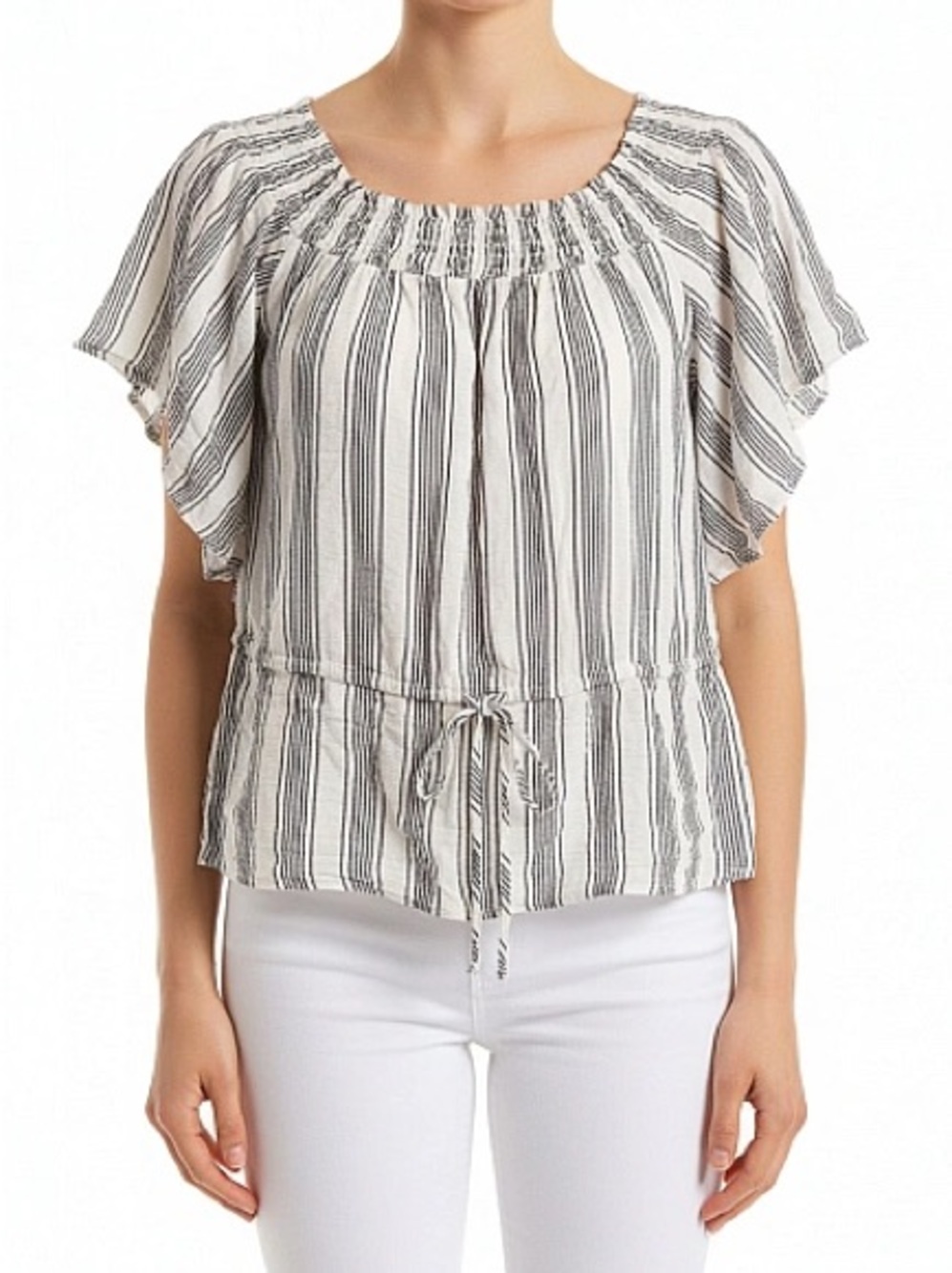Abercrombie & Fitch White and Black Striped Smocked Neck Flutter Sleeve Top